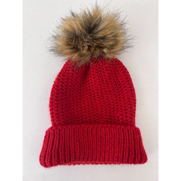 Cintelli e Galluzzo Red Acrylic Wool Alpaca Blend Faux Fur Pom Pom Beanie - Picture 1 of 4